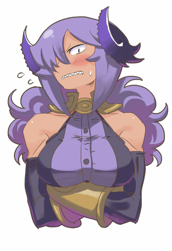 1girl, bare_shoulders, blush, bracer, breasts, bust, crossed_arms, curly_hair, demon_girl, demon_horns, elbow_gloves, full-face_blush, gloves, hair_over_one_eye, halterneck, horns, large_breasts, long_hair, matsuda_yuusuke, muscle, nise_maou_kanizeru, original, purple_hair, sharp_teeth, solo, yuusha_to_maou