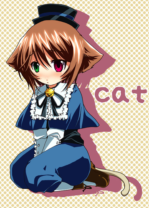 bell, bell_collar, bow, brown_hair, cat_ears, collar, frills, green_eyes