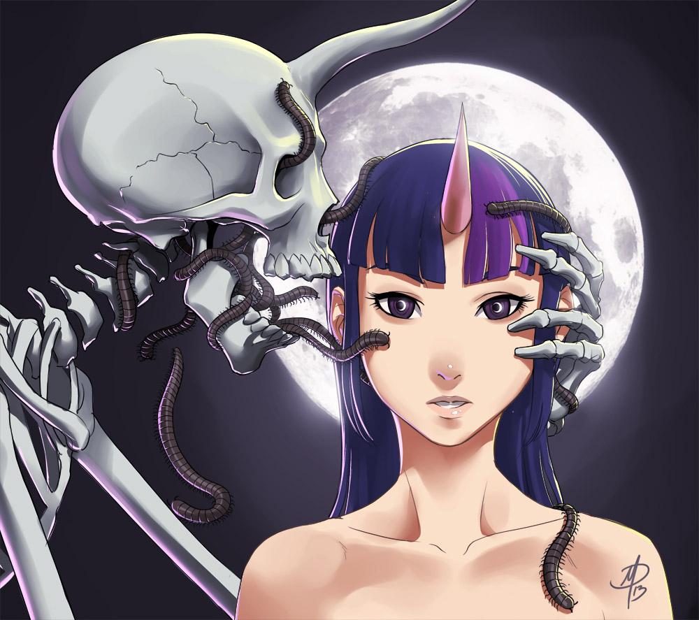 1girl, black_hair, brown_eyes, bust, collarbone, creepy, daniel_macgregor, eyelashes, full_moon, horn, lips, long_hair, millipede, moon, multicolored_hair, my_little_pony, my_little_pony_friendship_is_magic, night, night_sky, nude, personification, purple_hair, skeleton, sky, twilight_sparkle, two-tone_hair