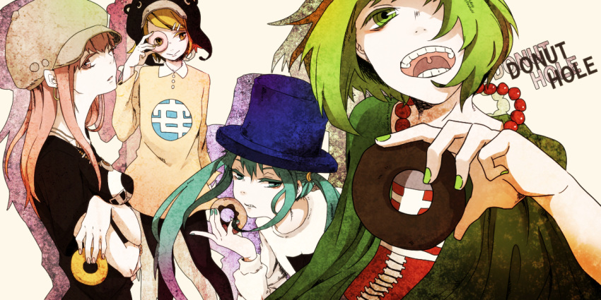 4girls, blonde_hair, donut_hole_(vocaloid), doughnut, earrings, green_hair, gumi, hat