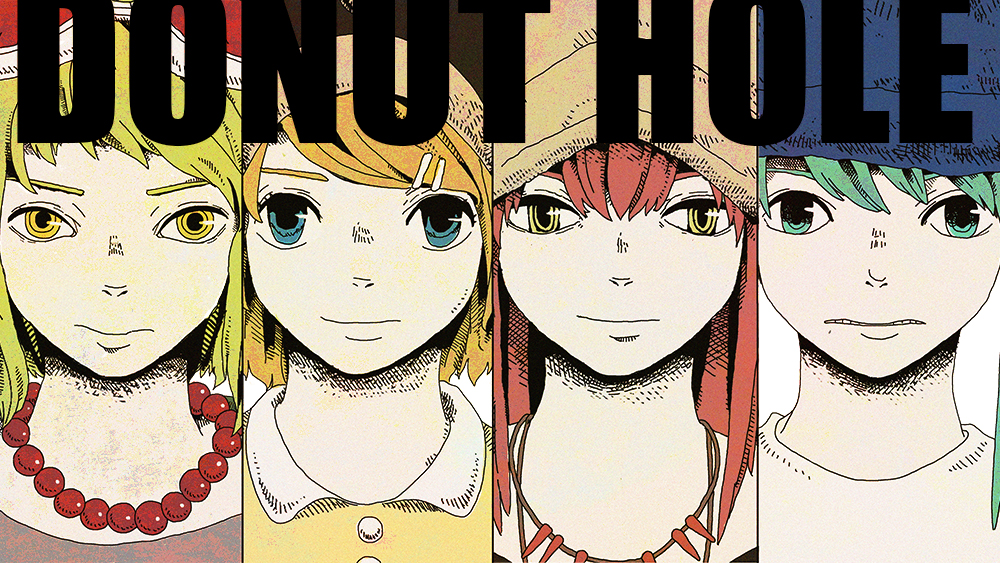 4girls, blue_eyes, column_lineup, donut_hole_(vocaloid), gumi, hair_ornament, hairclip, hat