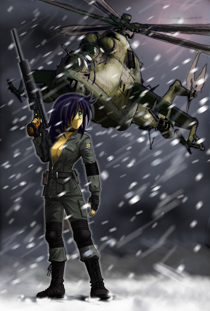 1girl, bags_under_eyes, black_hair, breasts, choker, cleavage, cosplay, green_eyes, gun, hair_over_one_eye, helicopter, highres, kuroki_tomoko, long_hair, metal_gear_solid, mi-24, open_clothes, open_jacket, psg-1, rifle, sniper_rifle, sniper_wolf, sniper_wolf_(cosplay), snow, solo, watashi_ga_motenai_no_wa_dou_kangaetemo_omaera_ga_warui!, weapon