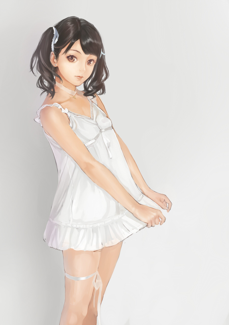 1girl, black_hair, brown_eyes, codec007, dress, grey_background, highres, jewelry