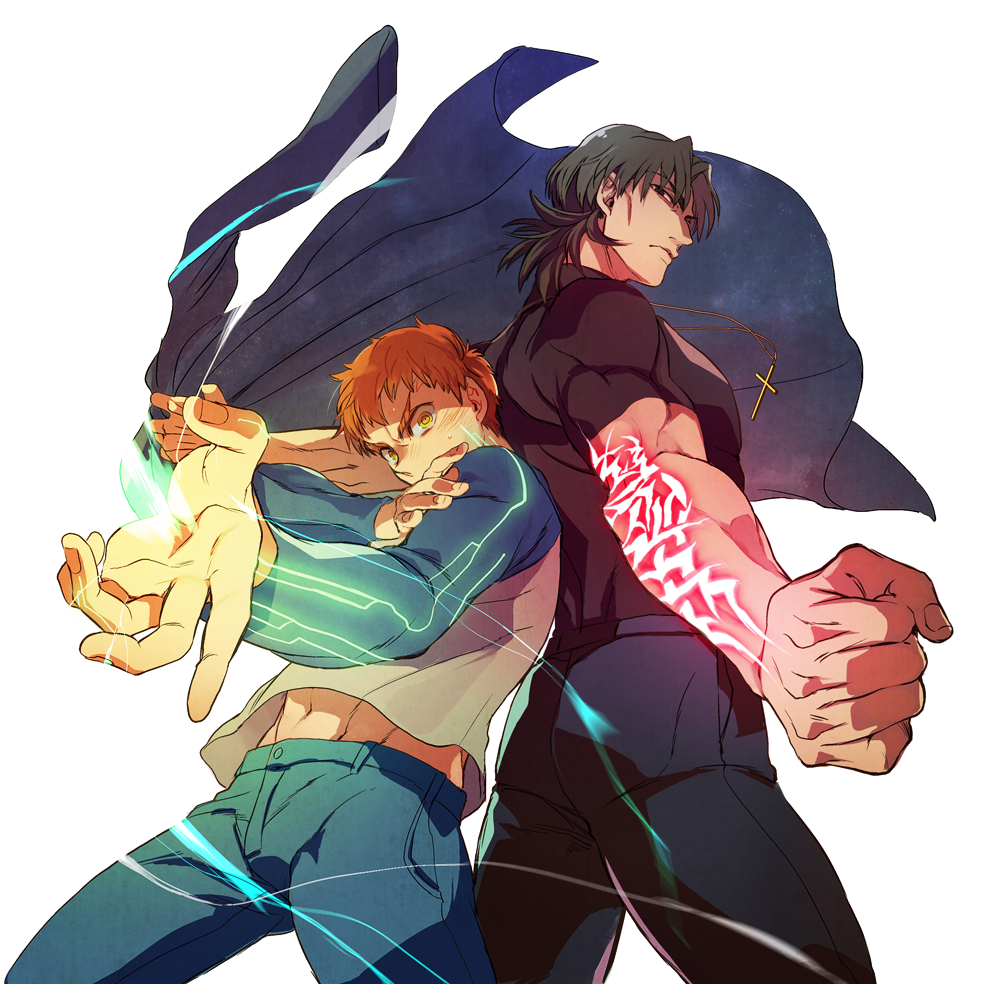 2boys, brown_eyes, brown_hair, command_spell, cross, cross_necklace, emiya_shirou, fate/stay_night, fate_(series), ido_(nothing679), kotomine_kirei, magic, multiple_boys, orange_hair, yellow_eyes