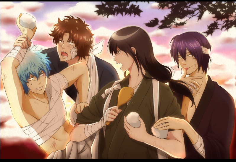 4boys, arm_sling, bandages, black_hair, brown_hair, gintama, katsura_kotarou, multiple_boys