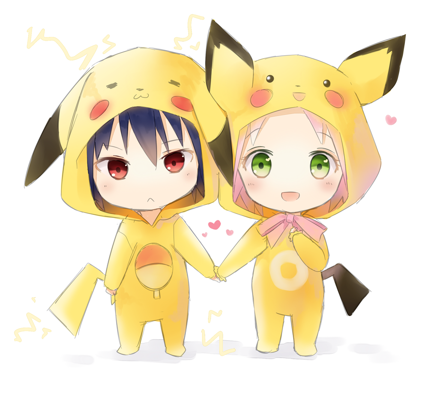 black_hair, blonde_hair, chibi, green_eyes, haruno_sakura, hitsukuya, naruto, pichu