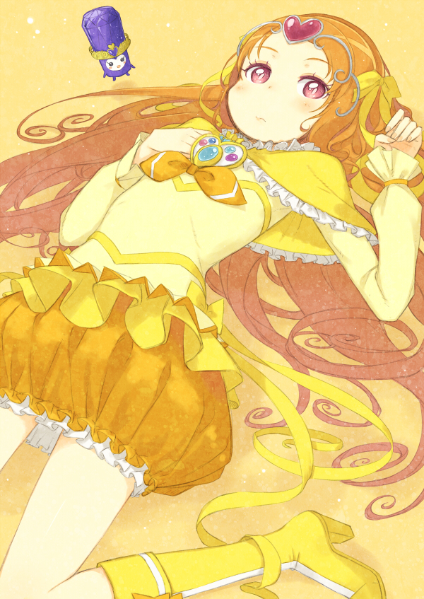 1girl, boots, brooch, bubble_skirt, circlet, cure_muse_(yellow), dodory, dress