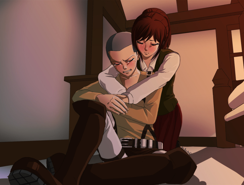 1boy, 1girl, barby_pornea, belt, boots, brown_hair, buzz_cut, closed_eyes, conny_springer, crying, hug, hug_from_behind, long_skirt, ponytail, sasha_braus, shingeki_no_kyojin, skirt, tears