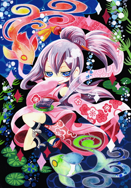 1boy, amane_nishiki, androgynous, blazblue, blue_eyes, japanese_clothes, makeup, najiki_(manaduki), purple_hair, surreal, traditional_media