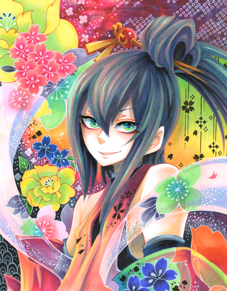 1boy, amane_nishiki, androgynous, blazblue, green_eyes, japanese_clothes, makeup, multicolored_hair, najiki_(manaduki), surreal, traditional_media