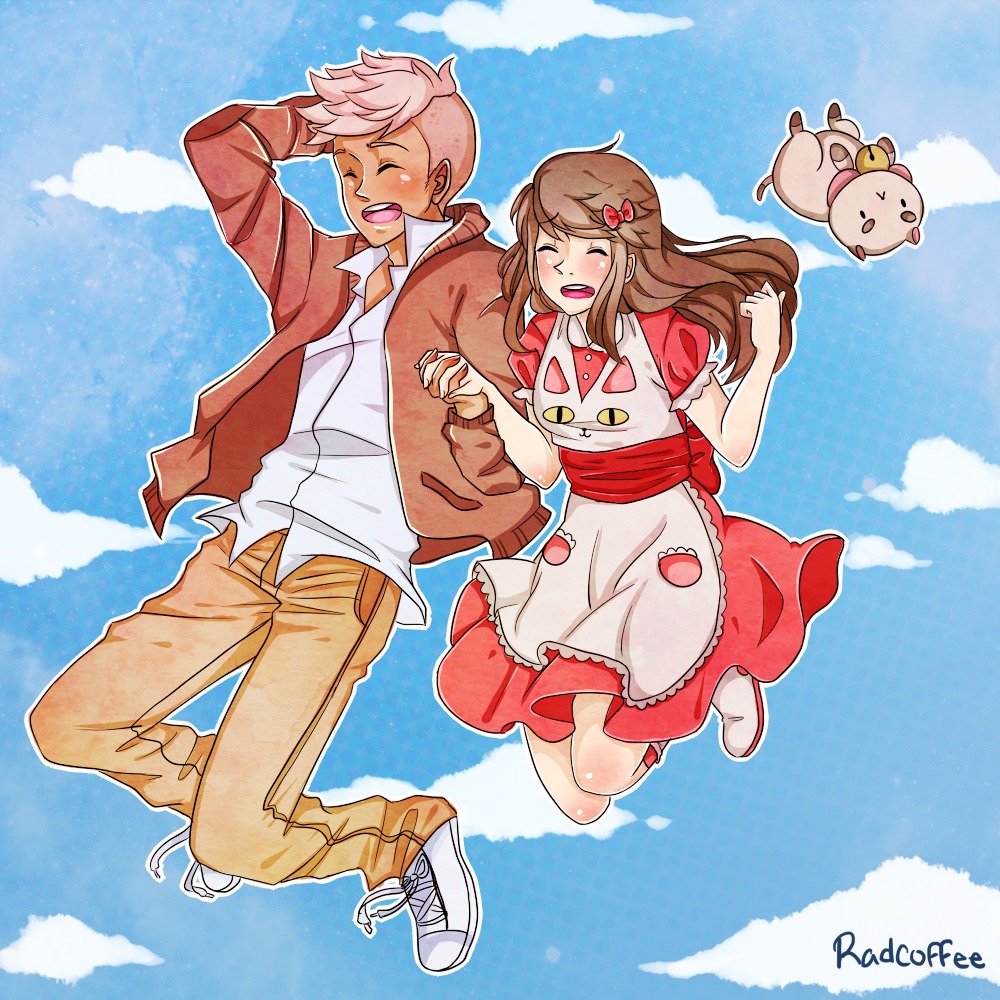 1boy, 1girl, artist_name, bee_(bee_and_puppycat), bee_and_puppycat, bee_the_human_girl, bow, brown_hair, closed_eyes, clouds, dark_skin, deckard, dress, hair_bow, holding_hands, interlocked_fingers, jacket, long_hair, open_mouth, puppycat, radcoffee, sky