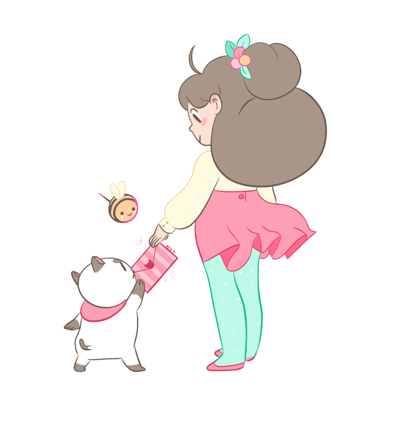 1girl, ahoge, bee, bee_and_puppycat, bee_the_human_girl, blush_stickers, brown_hair, envelope