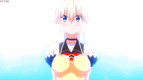 1girl, animated, animated_gif, blonde_hair, blue_eyes, bouncing_breasts, breasts, fangs