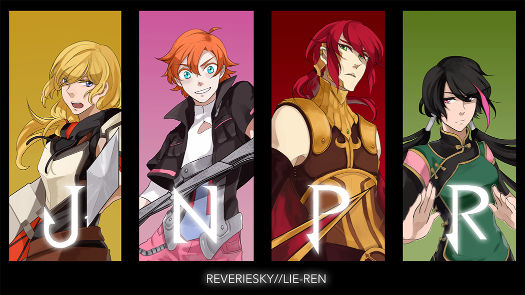 2boys, 2girls, armor, black_hair, blonde_hair, breastplate, genderswap, jaune_arc, lie_ren, multiple_boys, multiple_girls, nora_valkyrie, orange_hair, pyrrha_nikos, redhead, rwby, sumanina