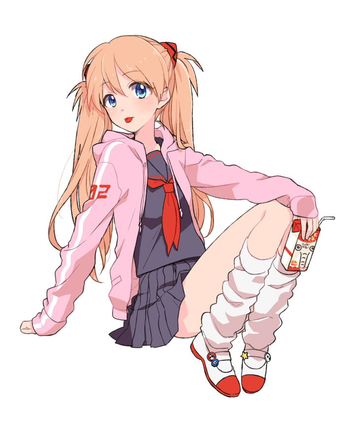 1girl, blue_eyes, hair_ornament, hoodie, juice_box, leg_warmers, neon_genesis_evangelion, orange_hair