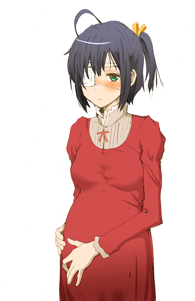 1girl, ahoge, black_hair, chuunibyou_demo_koi_ga_shitai!, eyepatch, green_eyes, hair_ribbon, hands_on_stomach