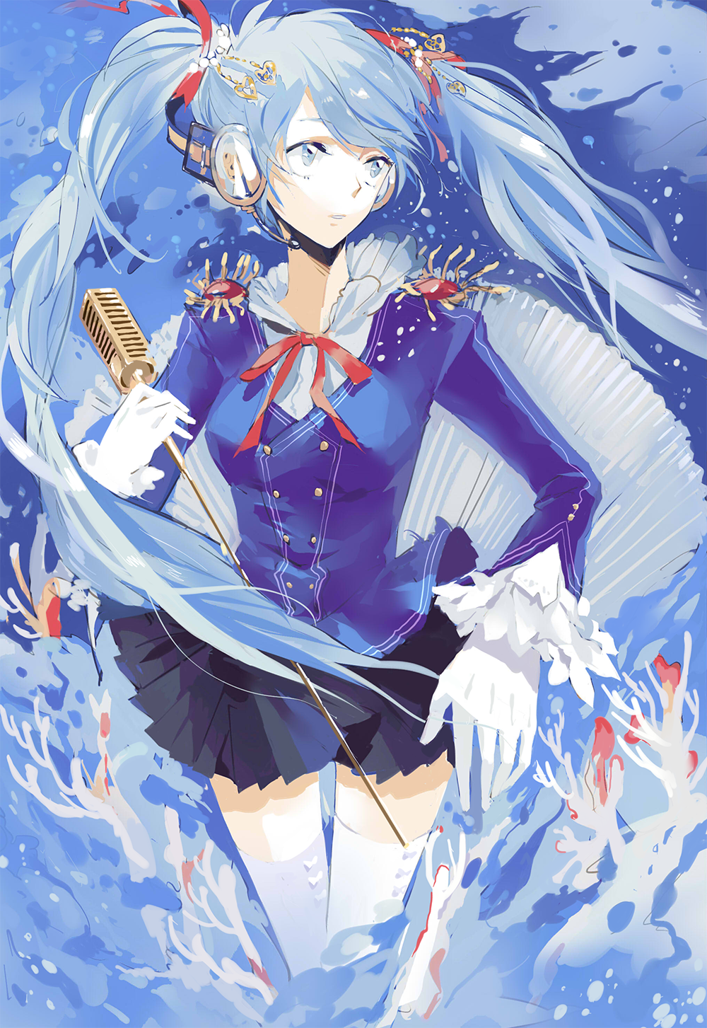 1girl, aqua_eyes, aqua_hair, gloves, hatsune_miku, headset, highres, kyer