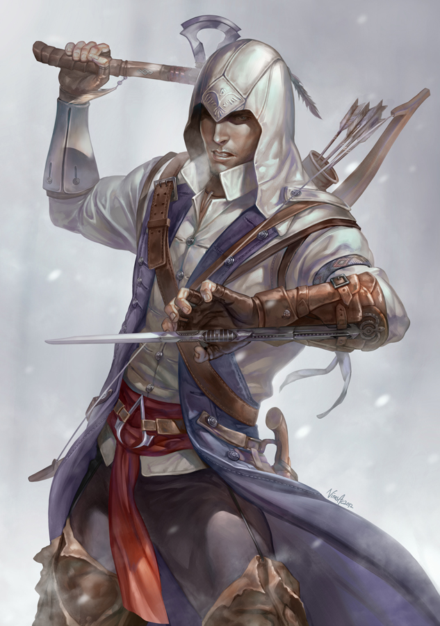 assassin's_creed, assassin's_creed_iii, blade, bow_(weapon), connor_kenway, gloves, hood, quiver