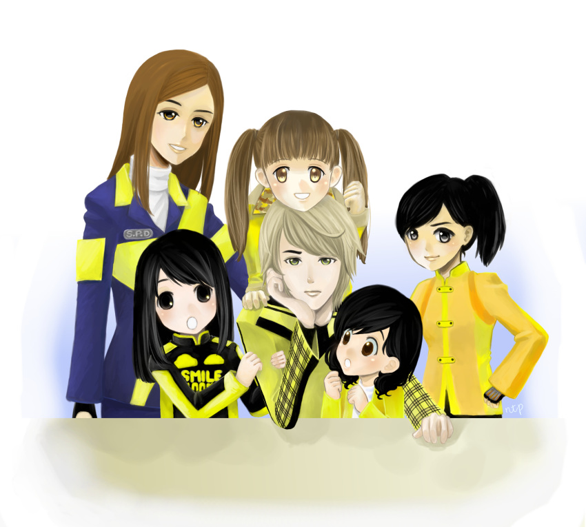 1boy, 5girls, black_hair, brown_eyes, brown_hair, engine_sentai_go-onger, female, gogo_sentai_boukenger