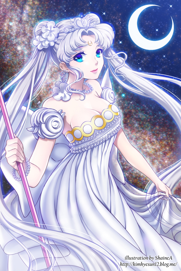 1girl, bare_shoulders, bishoujo_senshi_sailor_moon, blue_eyes, bracelet, breasts, cleavage, crescent