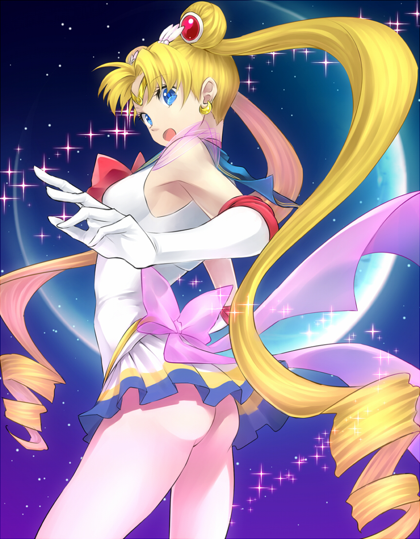 1girl, :o, ass, bishoujo_senshi_sailor_moon, blonde_hair, blue_background, blue_eyes, bow, double_bun, earrings, elbow_gloves, gloves, hair_ornament, hairpin, jewelry, long_hair, magical_girl, miniskirt, moon, ourin, ribbon, sailor_collar, sailor_moon, skirt, solo, sparkle, super_sailor_moon, surprised, tiara, tsukino_usagi, twintails, white_gloves