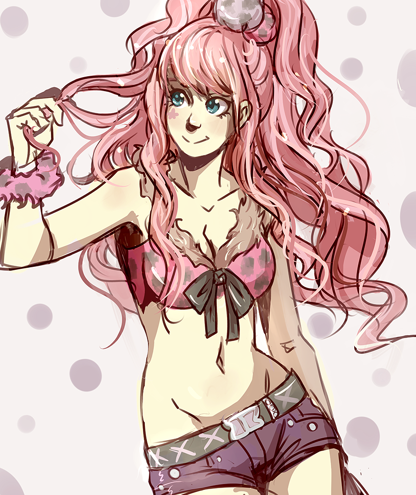 1girl, bare_shoulders, belt, blue_eyes, bra, breasts, cleavage, facial_tattoo