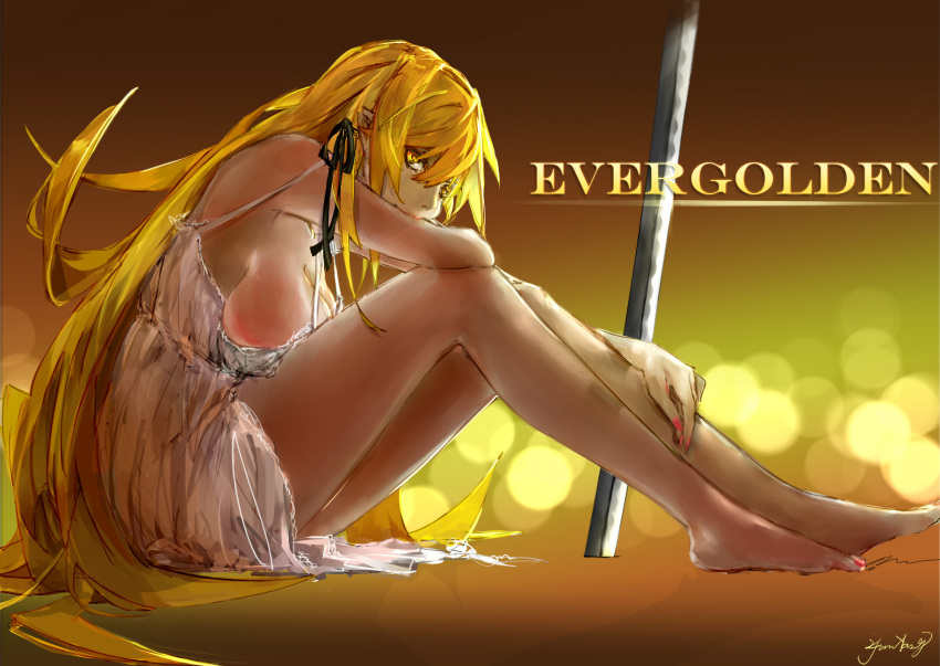 1girl, barefoot, blade, blonde_hair, breasts, cleavage, feet, hair_ribbon, hantasy, highres, kissshot_acerolaorion_heartunderblade, legs, long_hair, looking_at_viewer, monogatari_(series), pointy_ears, ribbon, signature, solo, very_long_hair, yellow_eyes