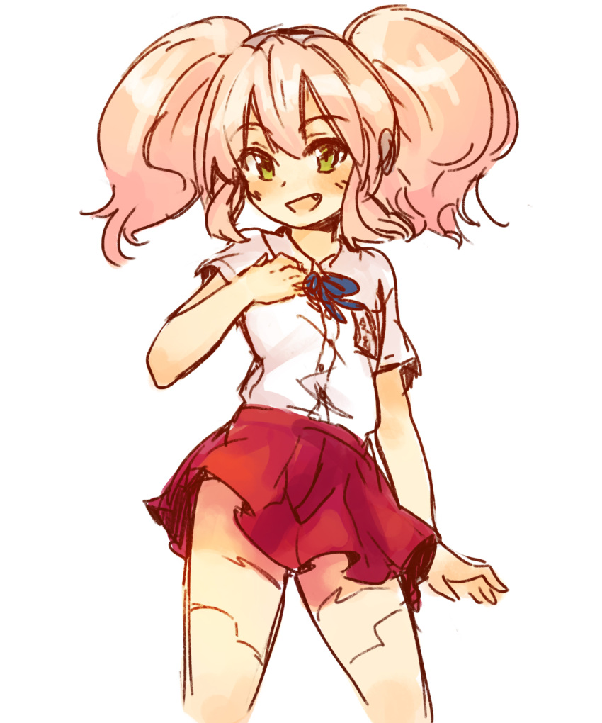 1girl, anonymous_drawfag, blush, disc_(needless), fang, flat_chest, green_eyes, highres