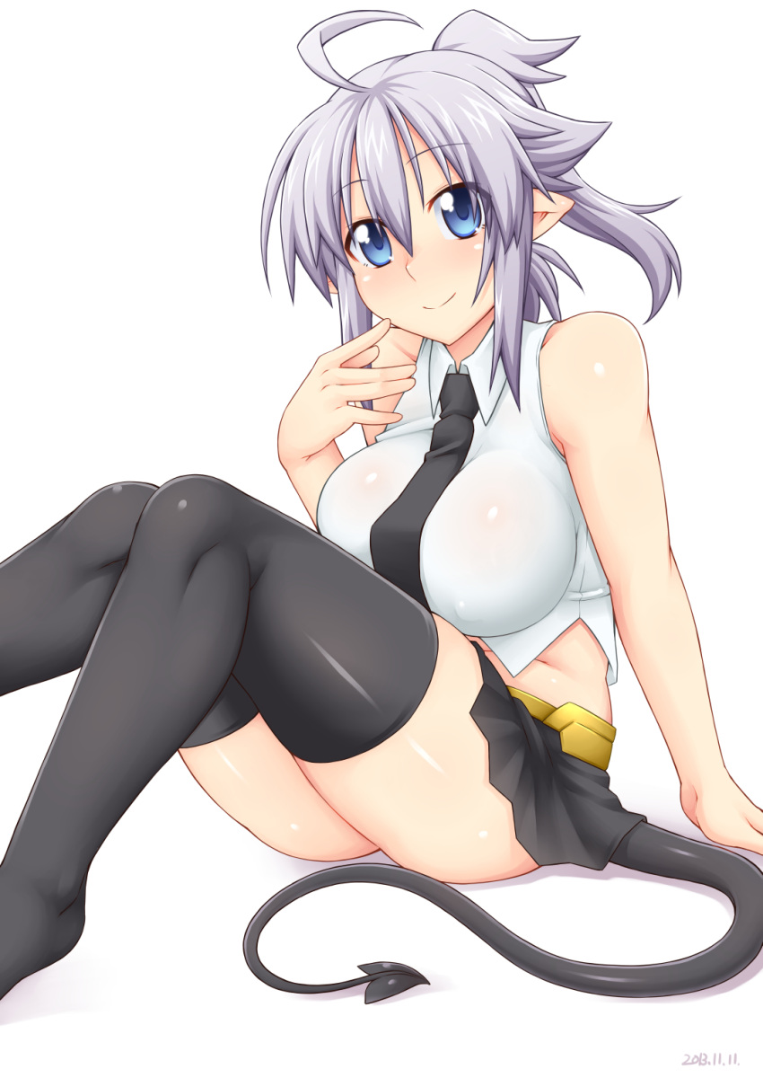 1girl, ahoge, alumina, arm_support, bare_shoulders, black_legwear, blue_eyes, breasts, bridal_gauntlets, dated, demon_tail, highres, large_breasts, looking_at_viewer, midriff, original, payot, pleated_skirt, pointy_ears, ponytail, silver_hair, simple_background, sitting, skirt, smile, solo, tail, thighhighs, white_background, zin_(goraku_hiroba)