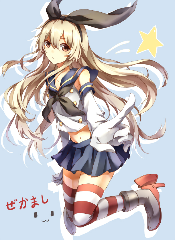1girl, :3, blonde_hair, blue_background, boots, elbow_gloves, gloves, hairband, kantai_collection, long_hair, matako, navel, personification, red_eyes, shimakaze_(kantai_collection), skirt, solo, star, striped, striped_legwear, thighhighs, white_gloves
