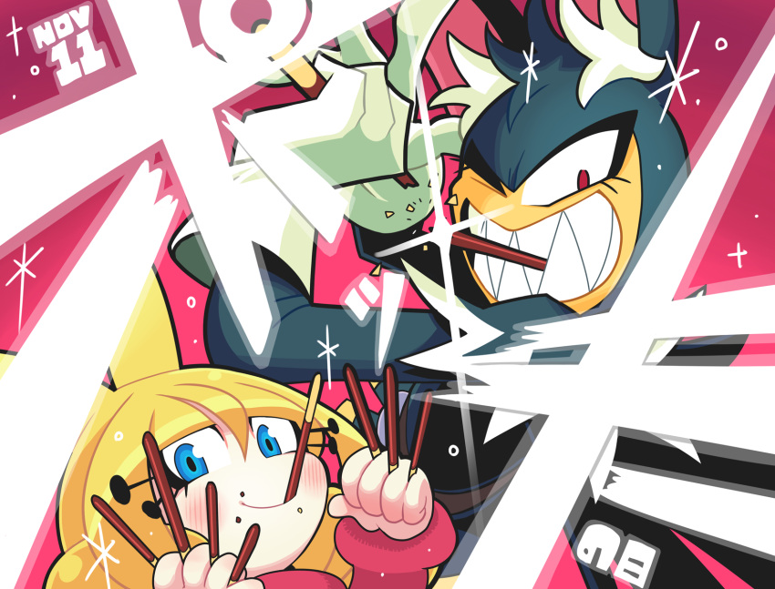 1boy, 1girl, bat_ears, blonde_hair, blue_eyes, blush, draculala_(gashi-gashi), eyelashes