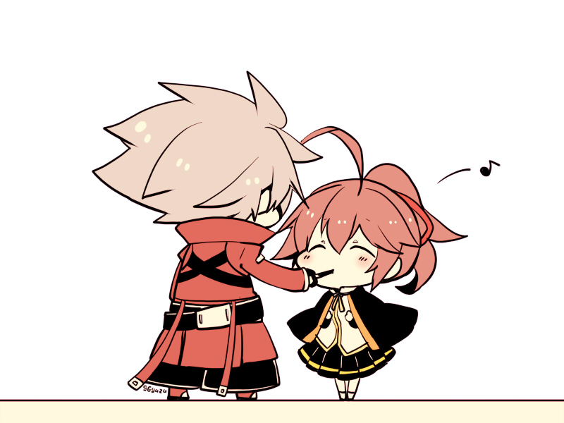 ^_^, ahoge, blazblue, celica_a_mercury, closed_eyes, kuro_yuzu, pocky, ragna_the_bloodedge