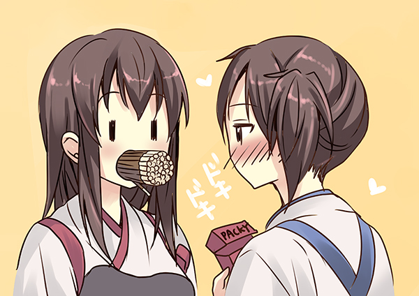 2girls, akagi_(kantai_collection), blush, brown_eyes, brown_hair, japanese_clothes, kaga_(kantai_collection), kantai_collection