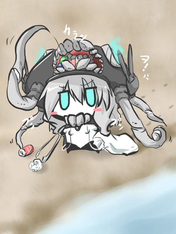 1girl, aqua_eyes, bag, blush_stickers, chibi, clamps, garbage, gomasamune