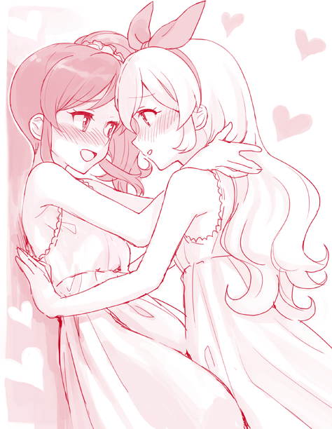 2girls, :d, aikatsu!, blush, hair_ribbon, heart, hoshimiya_ichigo, hug