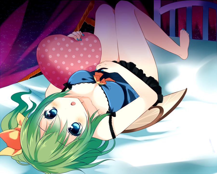 1girl, barefoot, bed, blue_eyes, blush, breasts, cleavage, daiyousei