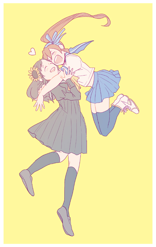2girls, ^_^, alternate_costume, ascot, bangs, black_legwear, blue_legwear, blush, border, brown_hair, cheek-to-cheek, closed_eyes, dress, flower, friends, gyakuten_saiban, hair_between_eyes, hair_flower, hair_ornament, hair_ribbon, happy, heart, hug, jumping, kizuki_kokone, kneehighs, loafers, long_hair, long_sleeves, miniskirt, morizumi_shinobu, multiple_girls, no_nose, orange_hair, pleated_skirt, puffy_sleeves, ribbon, school_uniform, serafuku, shoes, short_hair, short_sleeves, side_ponytail, simple_background, skirt, smile, sneakers, sunflower, swept_bangs, thighhighs, yellow_background, zettai_ryouiki