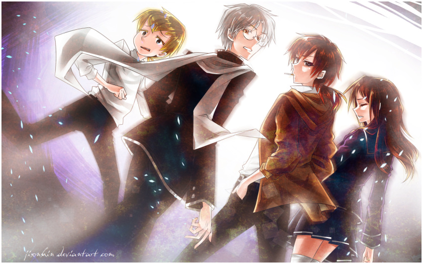 1girl, 3boys, ao_oni, bangs, black_eyes, black_pants, blazer, blonde_hair
