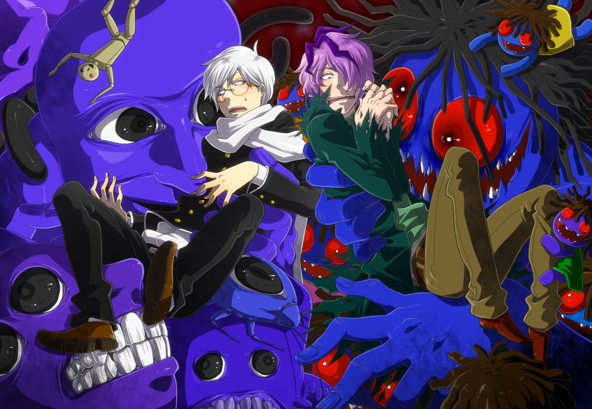 2boys, ao_oni, bangs, belt, black_eyes, blazer, blockman_oni_(ao_oni), blue_eyes