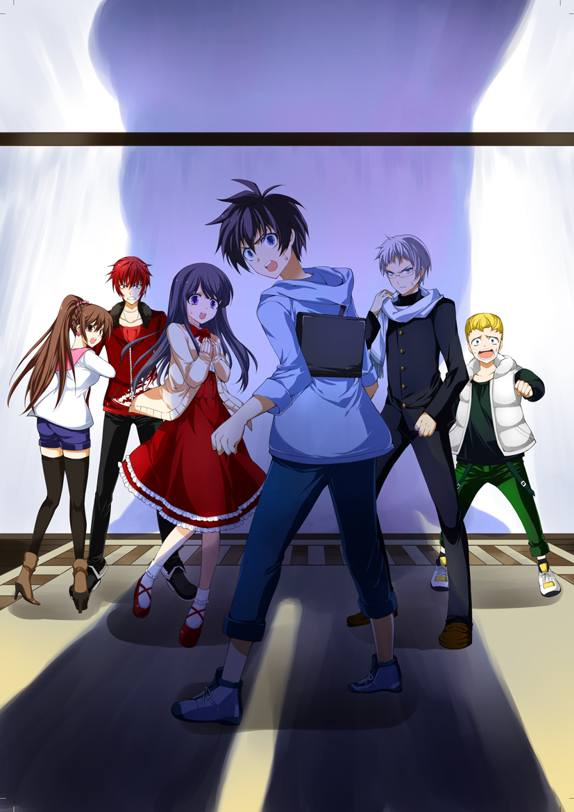 2girls, 4boys, anna_(ao_oni), ao_oni, artist_request, backpack, bag, bangs