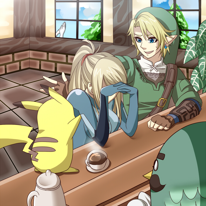 1girl, blonde_hair, blue_eyes, bodysuit, brewster, coffee, doubutsu_no_mori, earrings, facial_hair, glasses, gloves, hat, jewelry, link, long_hair, master_(doubutsu_no_mori), metroid, mustache, nintendo, pikachu, pointy_ears, pokemon, ponytail, samus_aran, scrunchie, skin_tight, super_smash_bros., tamaki_hayato, the_legend_of_zelda, trainer_(wii_fit), vambraces, when_you_see_it, wii_fit, zero_suit