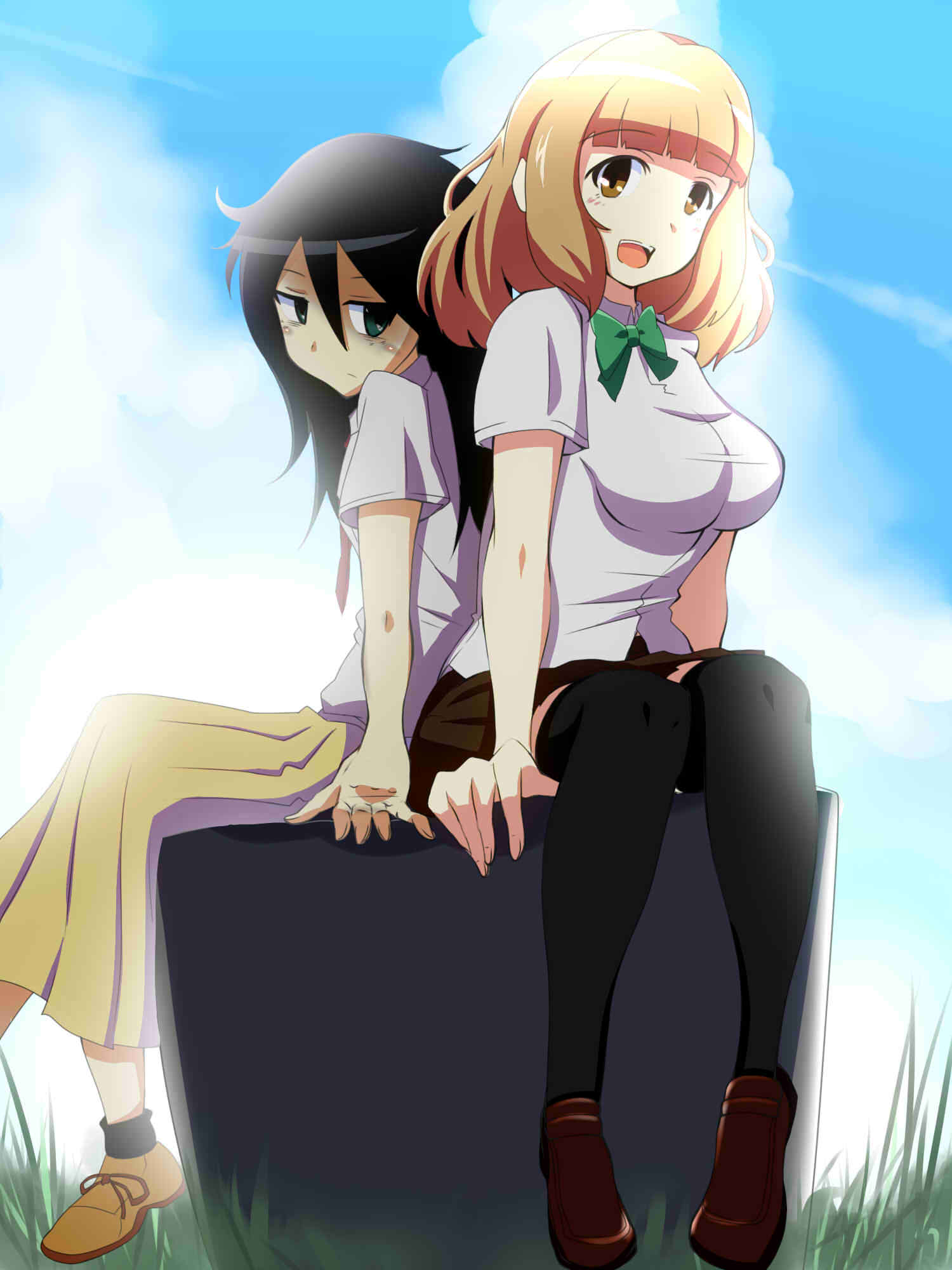 2girls, bags_under_eyes, black_hair, black_legwear, breasts, brown_eyes, brown_hair, green_eyes