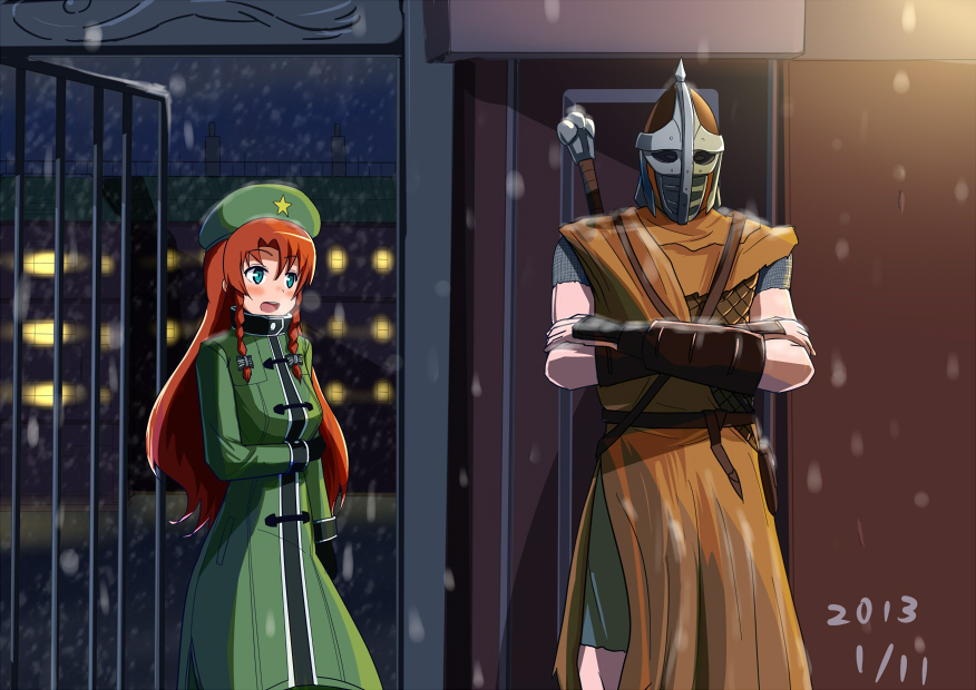 1boy, 1girl, aqua_eyes, armor, blush, bracer, braid, chainmail