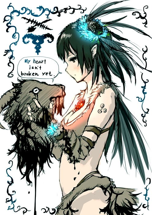 1girl, axe, black_eyes, black_hair, blood, breasts, cleavage, english