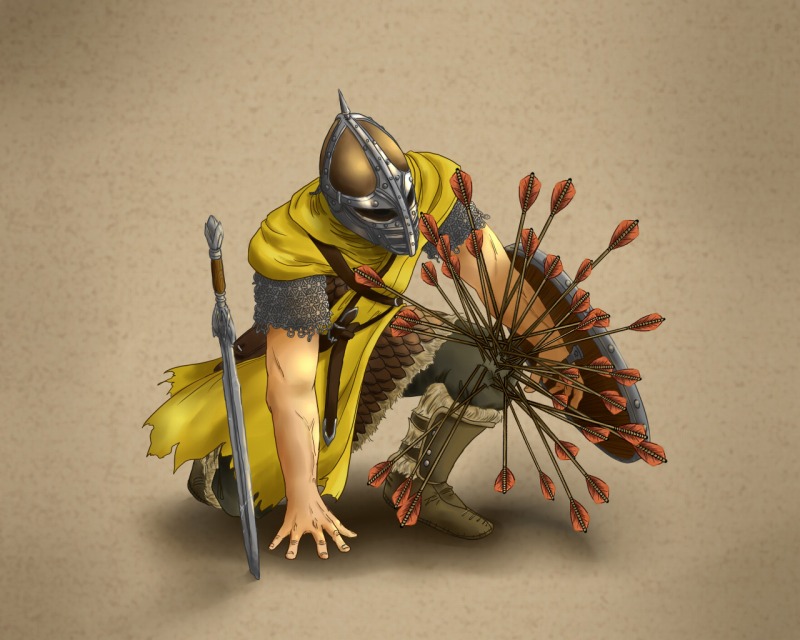 1boy, armor, arrow, arrow_to_the_knee, chainmail, guard, helmet, kei_roku