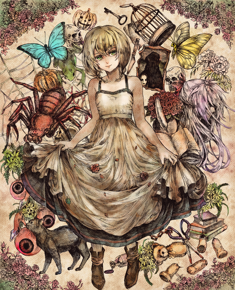 birdcage, black_cat, blonde_hair, book, boots, bouquet, braid, butterfly