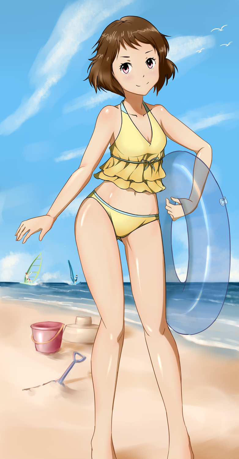 1girl, beach, bikini, brown_hair, highres, hyouka, ibara_mayaka, innertube