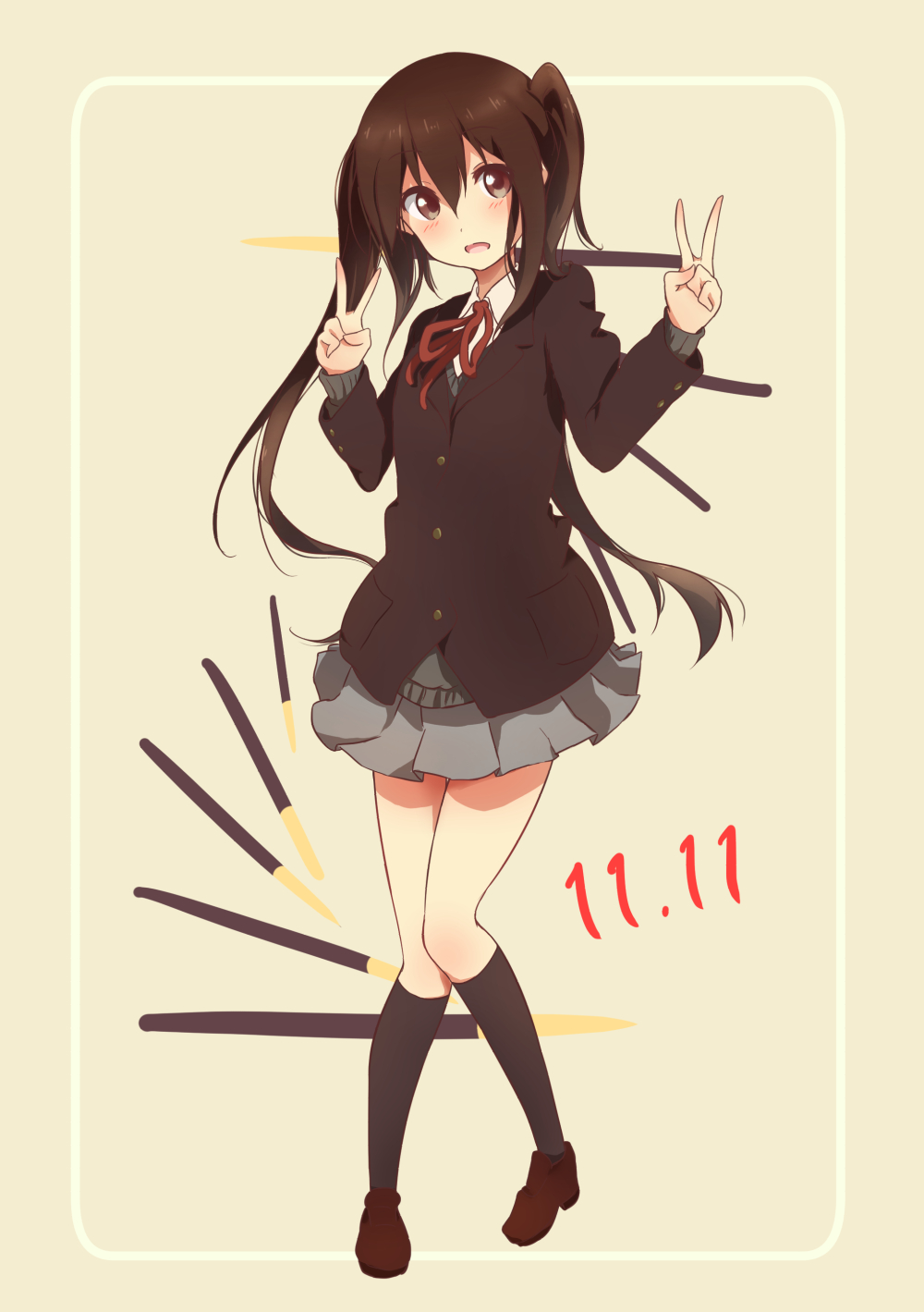1girl, black_hair, blush, brown_eyes, double_v, highres, k-on!, long_hair