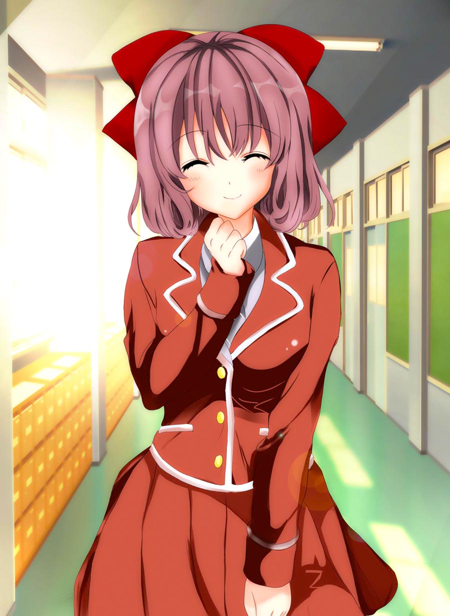 1girl, bow, hair_bow, highres, ore_no_nounai_sentakushi_ga_gakuen_love-comedy_wo_senryoku_de_jama_shiteru, school_hall, school_uniform, short_hair