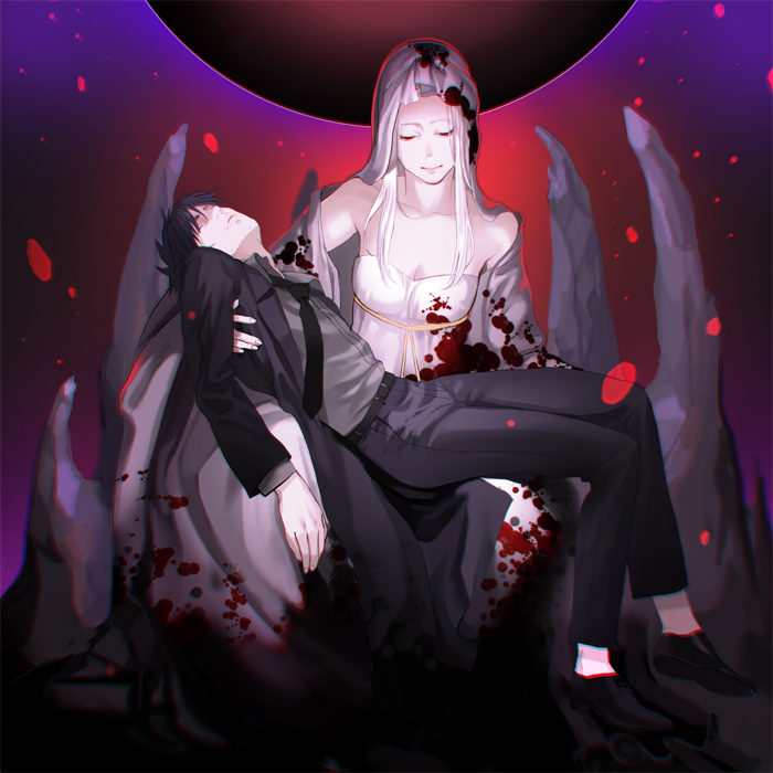 1boy, 1girl, black_hair, bloody_dress, dress, emiya_kiritsugu, fate/zero, fate_(series), fine_art_parody, irisviel_von_einzbern, long_hair, mituru_666, necktie, parody, pieta, veil, white_hair
